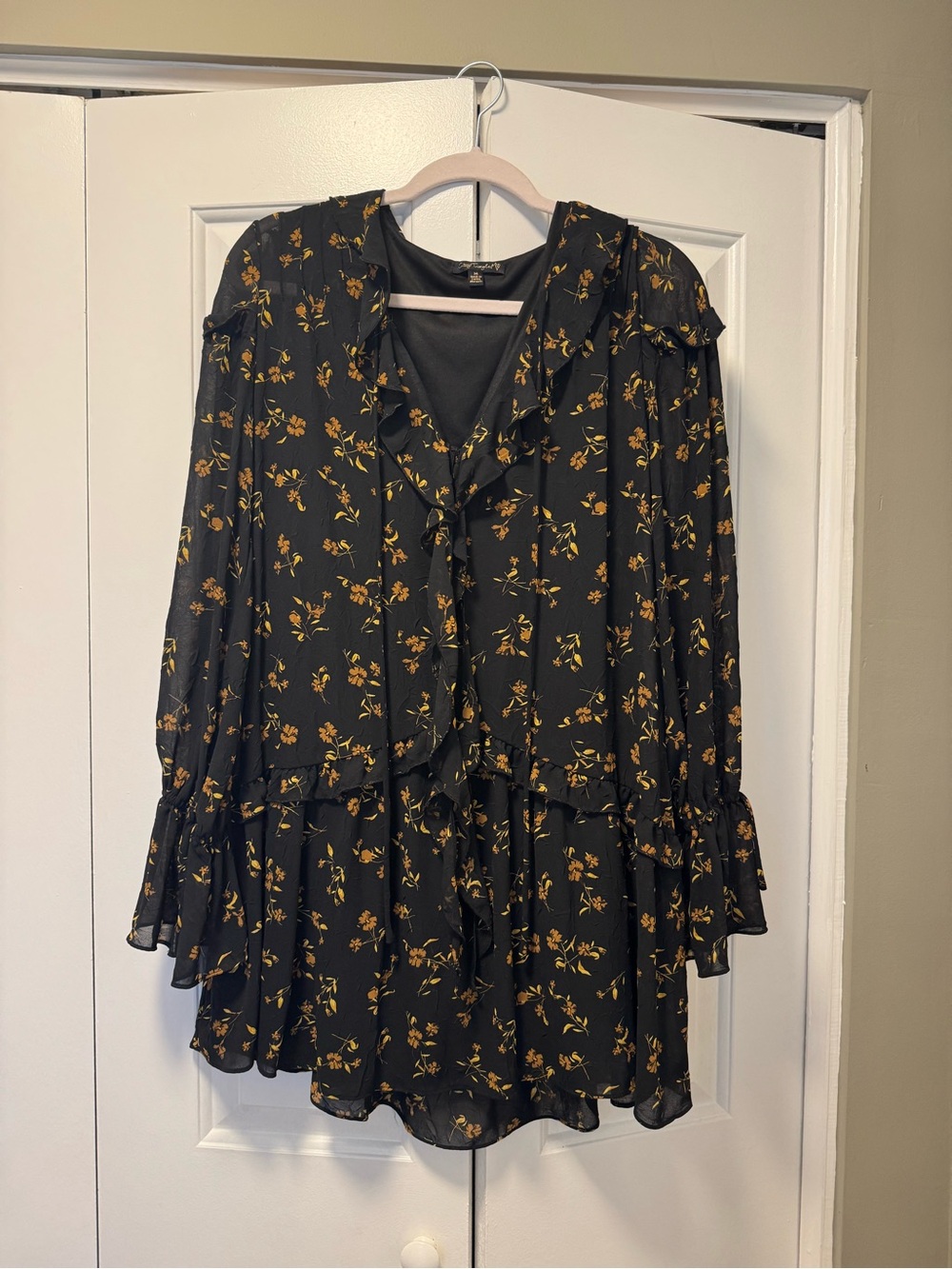 Topshop Black Floral Ruffle Tie-Front Long Sleeve mini dress